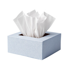 Elegant blue tissue box with a burst of fresh white facial tissues on white background