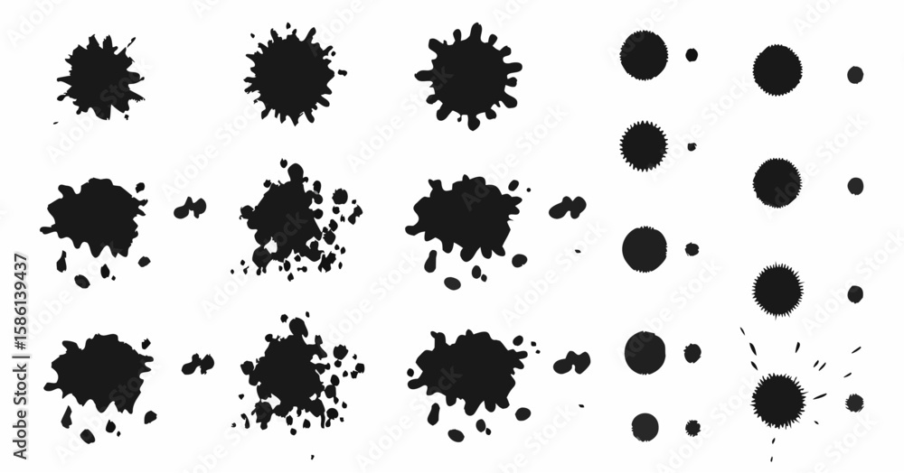 Poster vector illustration of black ink splatters arranged in a three by five grid on a white background sh