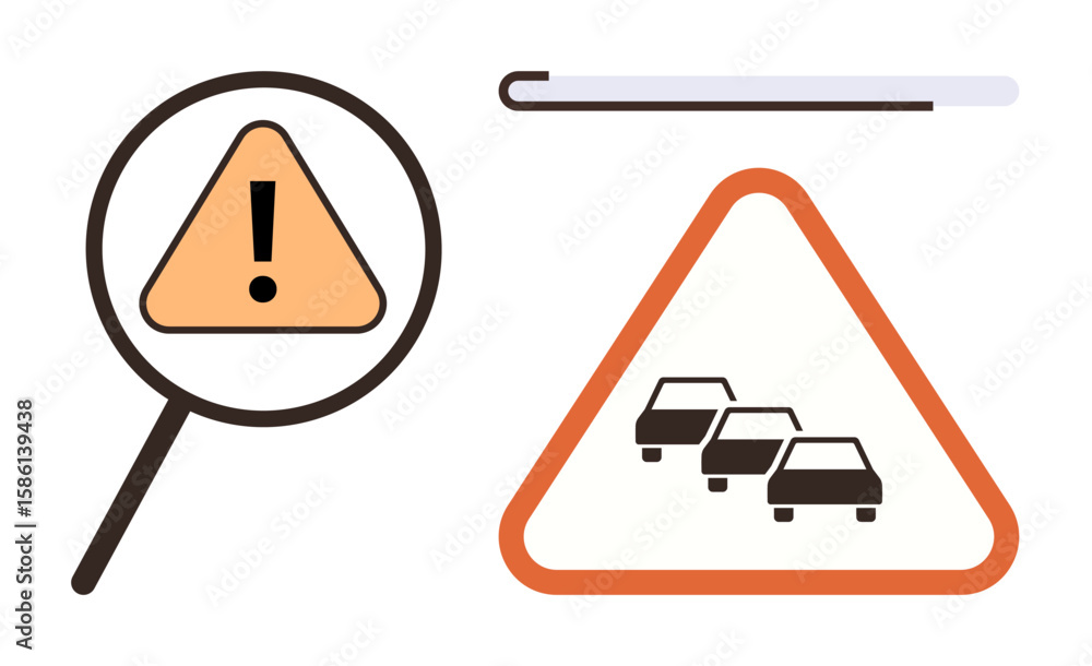 Poster magnifying glass over a triangular warning sign highlighting traffic congestion. progress bar above 