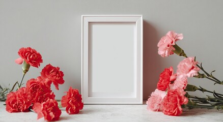White frame with red and pink carnations