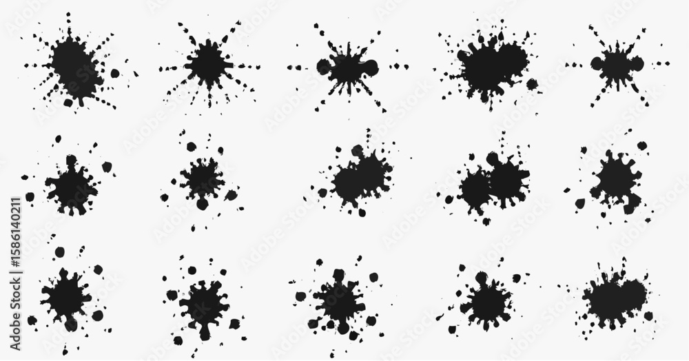 Poster vector collection of fifteen black ink splatters arranged in a grid pattern on a white background su