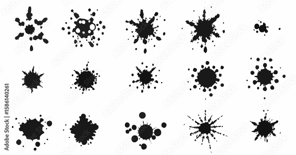 Poster vector collection of fifteen black ink splatters and blots arranged in a grid pattern on a white bac