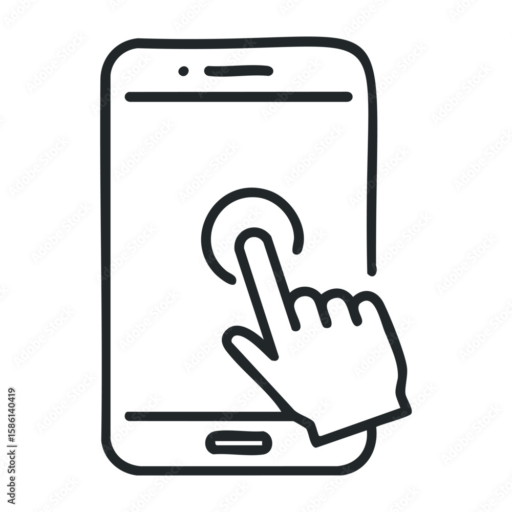 Poster smartphone touchscreen gesture with hand icon for technology and interaction. outline vector illustr