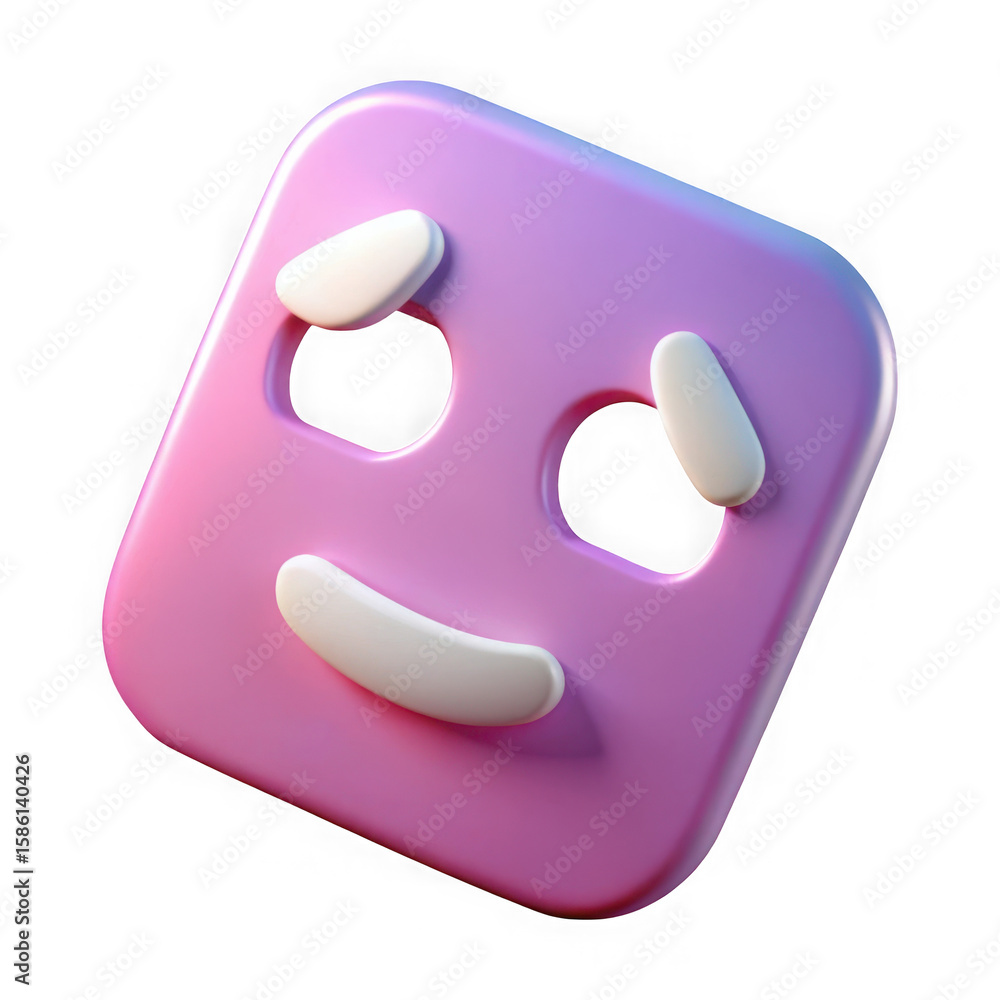 Poster cute 3d pink and purple rounded cube character with a sad expression isolated on transparent backgro