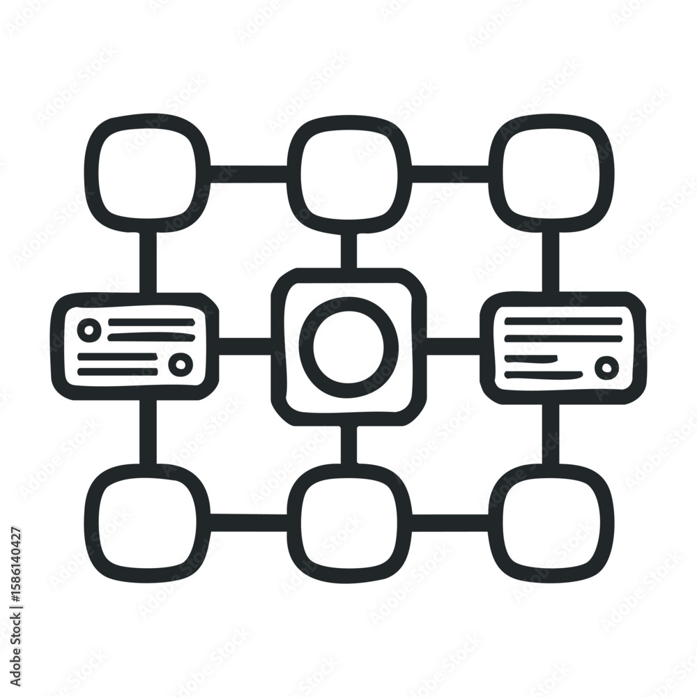 Poster abstract network diagram with connected nodes and central hub in black and white. outline vector ill