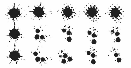 Vector  collection of various black ink splatters and blobs arranged on a white background showing different shapes
