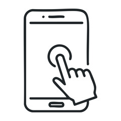 Smartphone touchscreen gesture with hand icon for technology and interaction. Outline vector illustration