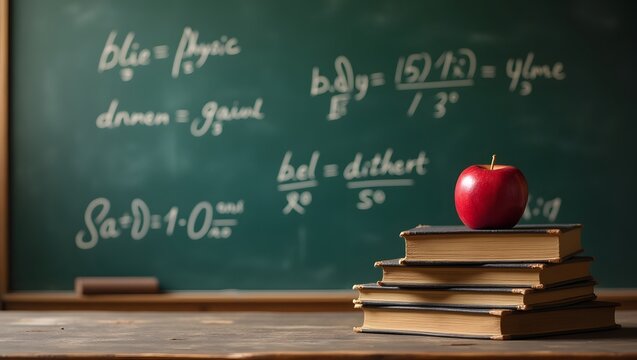 Red apple atop vintage textbooks, chalkboard background; academic, nostalgic mood. - Powered by Adobe