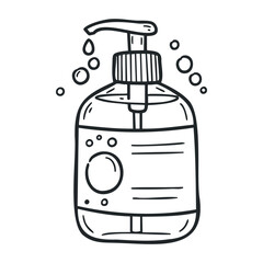 Obraz premium Black and white hand-drawn liquid soap dispenser with bubbles. Outline vector illustration