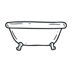 Minimalist black and white illustration of a classic clawfoot bathtub. Outline vector illustration