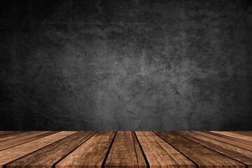Wooden table in dark room background concept for advertising.