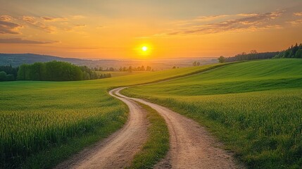 Green field with a dirt road under a golden sunset sky.
