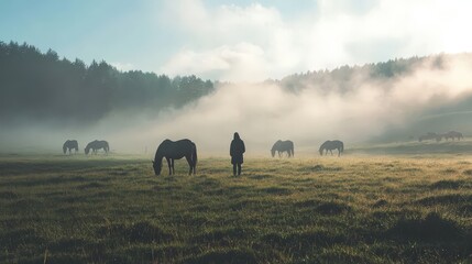 Misty morning in a pasture with horses.
