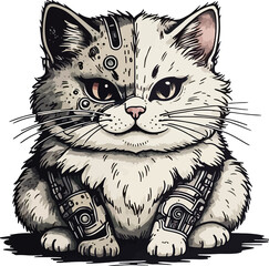 Adorable domestic feline and a cute little mouse, a playful animal sketch