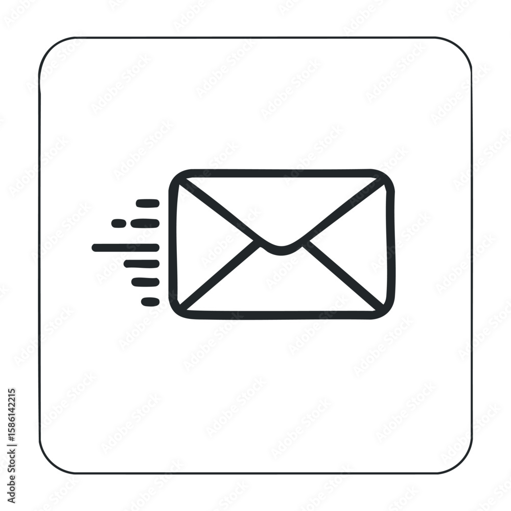 Poster simple icon of an envelope with motion lines indicating fast mail or email delivery. outline vector 