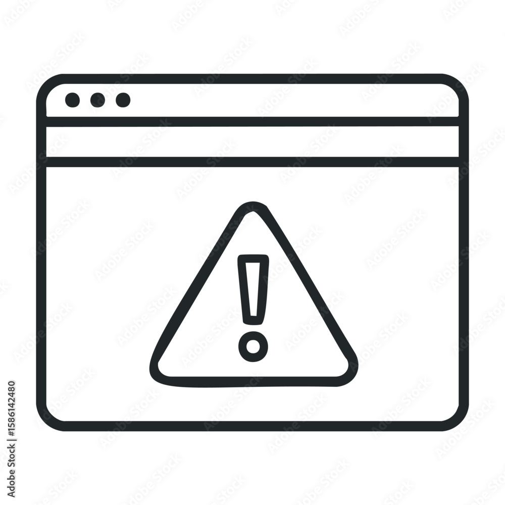 Poster browser window warning icon with triangle and exclamation mark. outline vector illustration