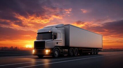 Large Truck Hauling Container on Scenic Highway at Sunset Dynamic Transport Scene Vibrant Outdoor Environment
