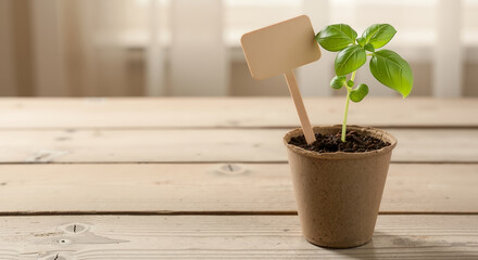 Young green plant with blank garden marker in a pot on a light wooden table. Sustainable living and growth concept, with copy space