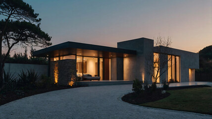 Fototapeta premium Elegant Light-Stone House with Large Windows and Serene Atmosphere