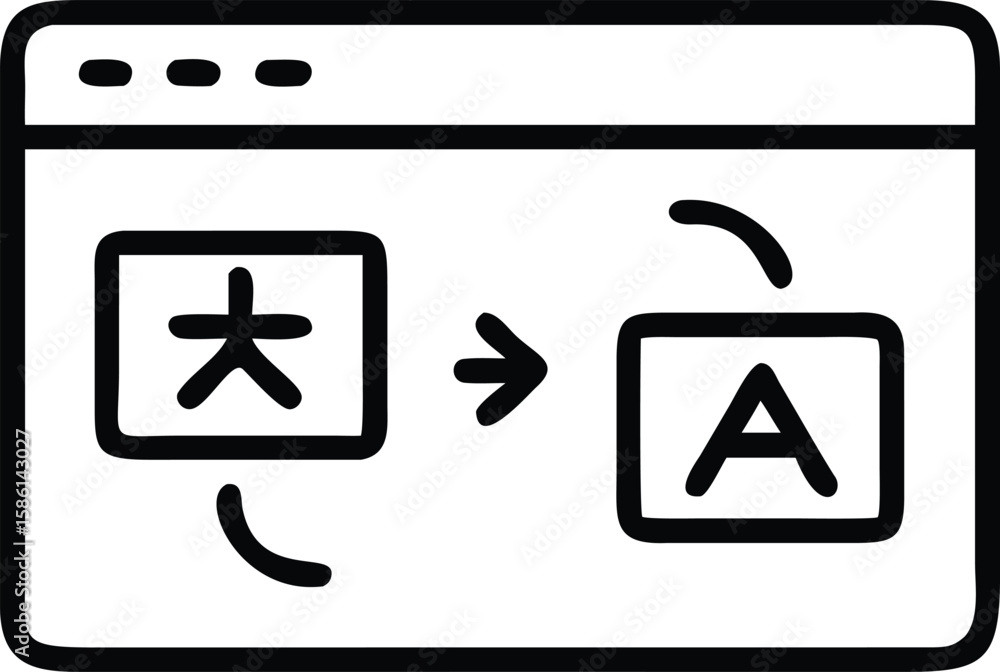 Poster translation service icon showing foreign character to english alphabet within window frame
