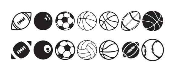 Set of Sport Ball Icons. Vector Collection of Tennis, Volleyball, Football, Rugby, and Soccer Balls. Vector illustration eps10