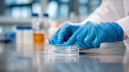 Fototapeta premium Close-up of hands in blue gloves carefully placing an effervescent fizzer into an empty Petri dish during laboratory research