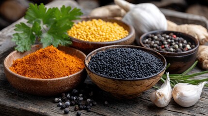 This arrangement showcases aromatic spices and herbs featuring cayenne pepper powder, black chilies, and fresh lime leaves among others