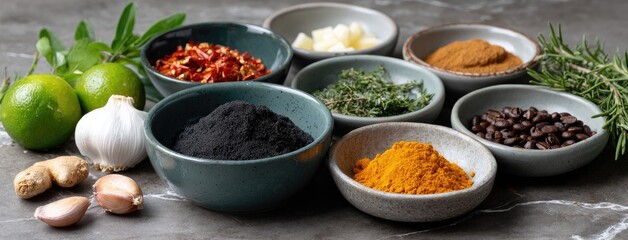 This arrangement showcases aromatic spices and herbs featuring cayenne pepper powder, black chilies, and fresh lime leaves among others