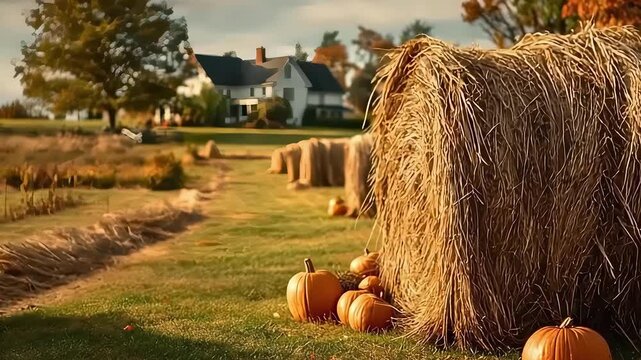 Autumn colors surround a tranquil farmhouse as hay bales and pumpkins dot the landscape, showcasing the beauty of the harvest season in the countryside.