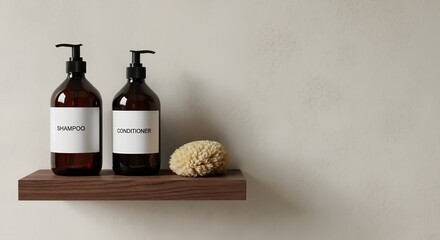 Shampoo and conditioner bottles with loofah on a shelf. Hair care products for hygiene routines and bathroom decor. Minimalist interior design, with copy space