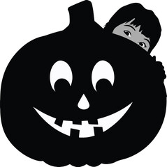Mysterious Child Hiding Behind Large Jack O Lantern – Whimsical Silhouette Vector for Halloween and Spooky Themes, mysterious child silhouette, whimsical jack o lantern peek, spooky pumpkin hiding kid