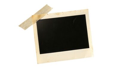 Vintage instant photo with blank black space and tape isolated on transparent background