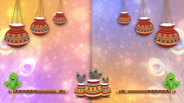 beautiful animated background of dahi handi decoration with flute and peacock feathers decoration. concept for janmashtami festival.