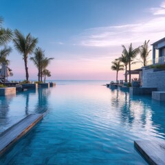 Beautifull luxury swimming pool near beach front, looking sea view and morning time background
