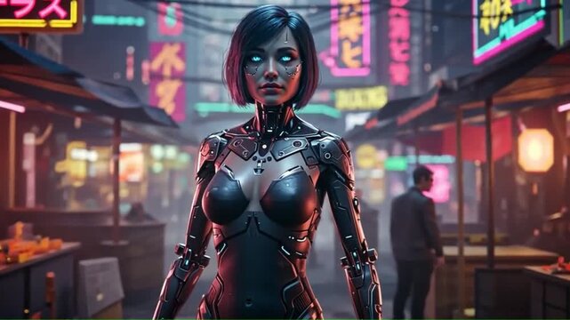 Futuristic female robot with glowing blue eyes in a neonlit cityscape