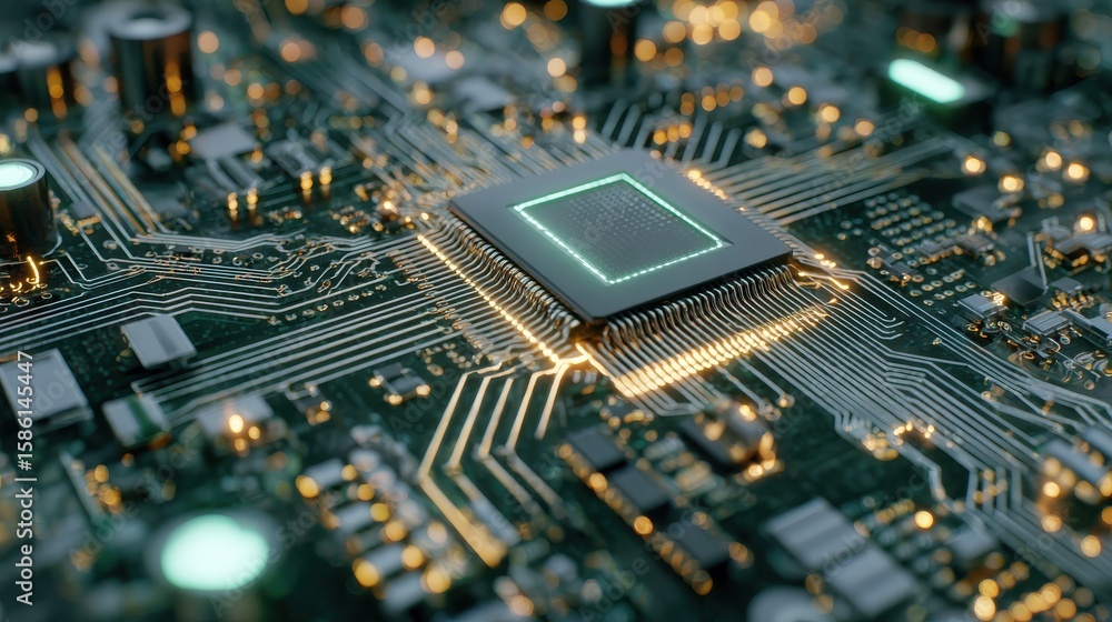 Poster microprocessor with intricate circuit board design illuminated by soft lighting, showcasing technolo