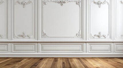 Elegant interior with white classic wall panel and light brown wooden floor. Bright background with luxury and elegant molding frames. Realistic 3D vector illustration of home or office design.