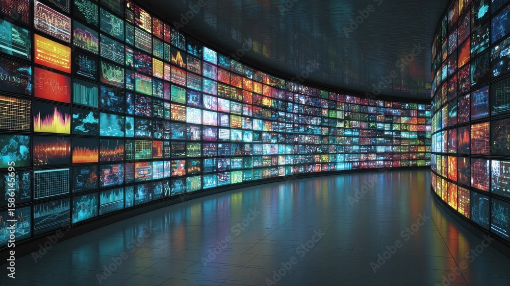 Poster a highly detailed and vibrant digital wall overflowing with multiple screens showcasing various data