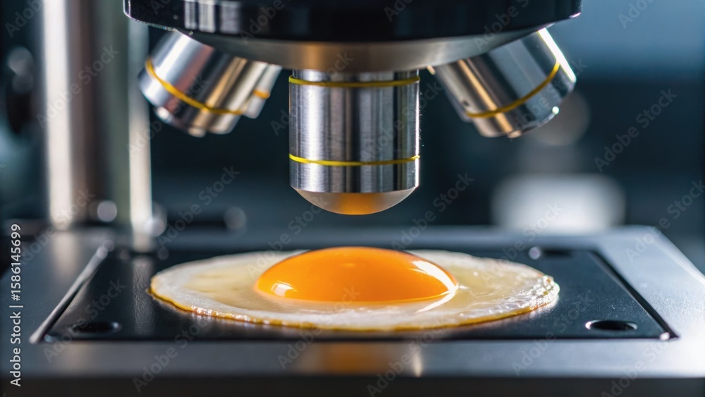Poster close-up of a microscope examining a raw egg yolk on a slide, showcasing detailed textures and color