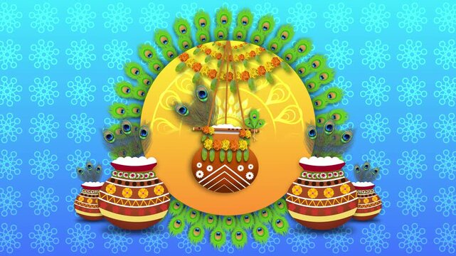 Beautiful animated janmashtami festival decoration on gradient colours background, peacock feathers, decorated pot and flowers.