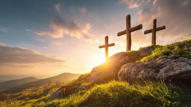 Scenic view of three crosses on a hill with sunset sky and mountain landscape. - Powered by Adobe