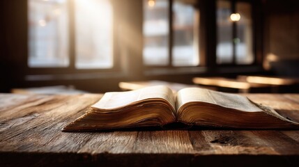 Open old book on wooden table near window in cozy warm ambient lighting.