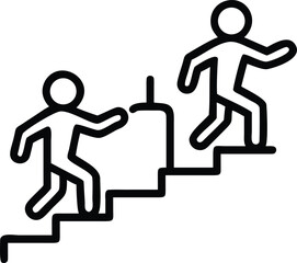 Two abstract figures climbing staircase in black outline for leadership concepts