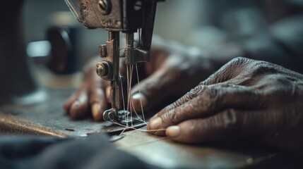 Close-up of skilled hands sewing fabric on industrial sewing machine in workshop.