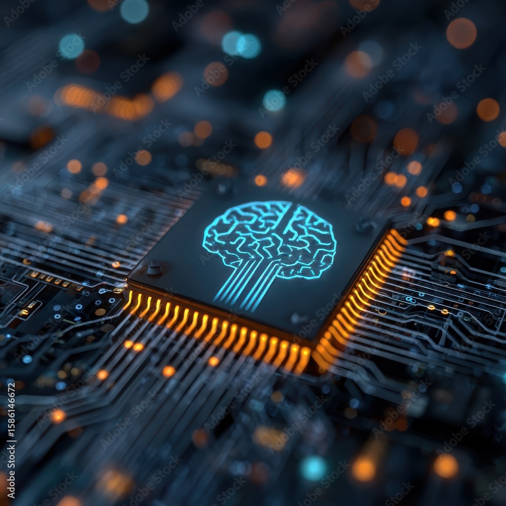 Poster abstract blue digital technology background with chip and brain icon on dark virtual circuit board f