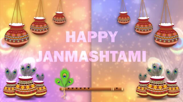 happy janmashtami greetings on beautifully decorated background. dahi handi, flute and peacock feathers background with janmashtami blessings