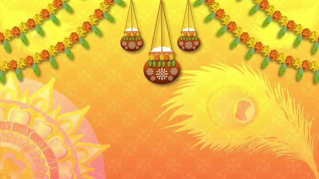 beautiful dahi handi decoration on yellow and orenge gradient colour background and traditional pattern with peacock feathers for janmashtami festival.