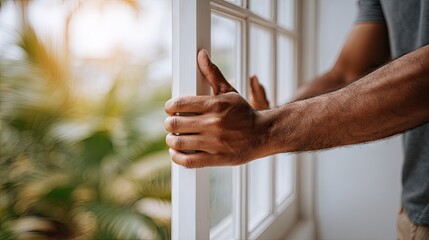 Close-up of hands smoothing putty onto a window frame during the installation of futuristic plastic windows on a sunny day at home.