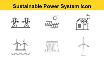 Sustainable Power System Icons Collection Simple line art icons representing various sustainable energy sources sustainable