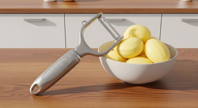 wooden sharp potato peeler in white kitchen background